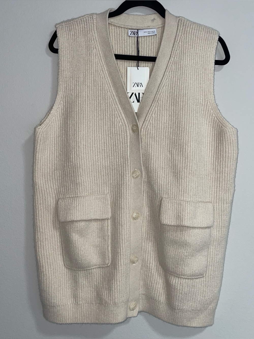 Zara Cream Ribbed Knit Vest with Button Detail